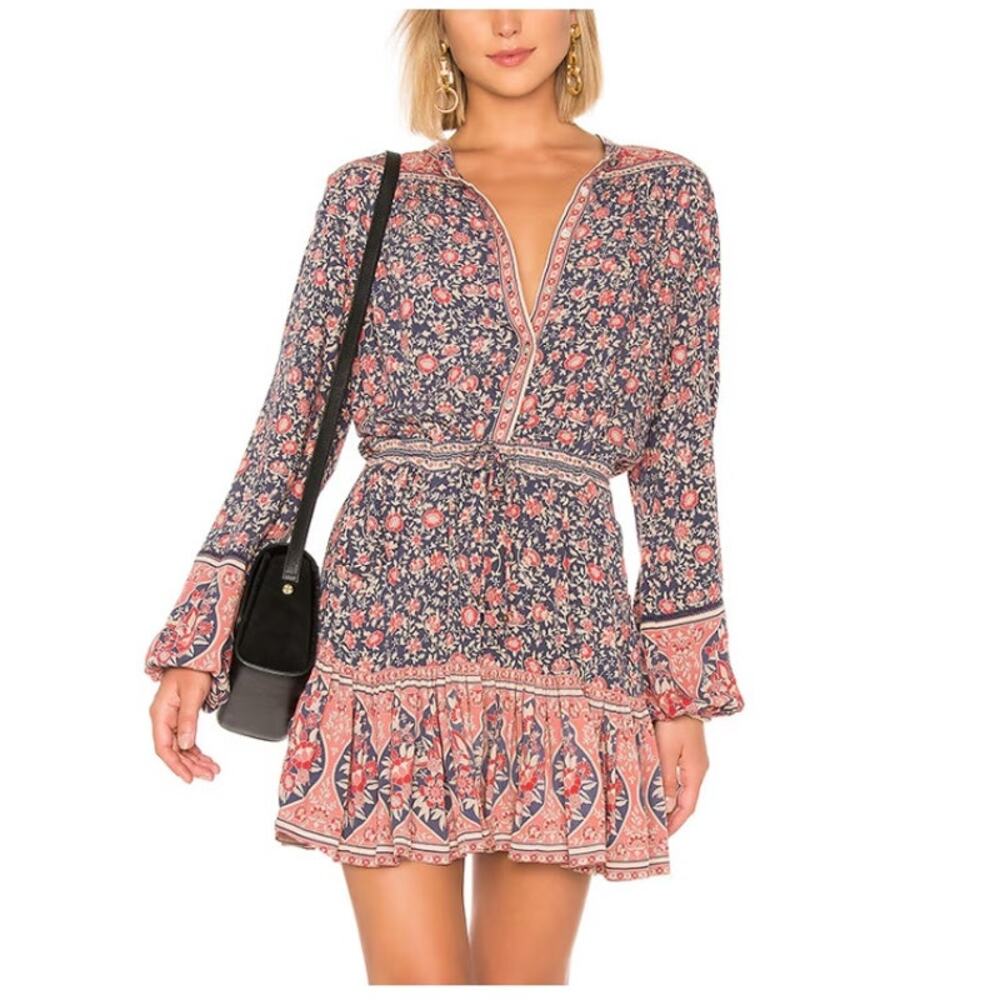 SPELL Jasmine Play Mini Dress XXS Oversized Navy Floral Soft Ruffled Hem